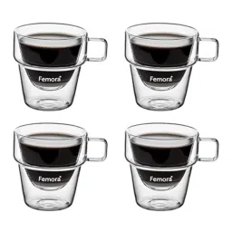 Femora Double Wall Transparent Glass Heat Resistant Coffee Mugs With Handle (0.235 L) - Set of 4 image 3