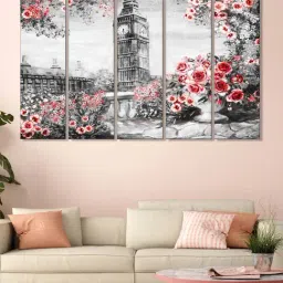 999Store Grey & Red Roses and Clock Tower Art 5 Frame MDF Paintings-12