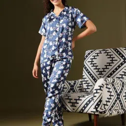 Clovia Navy Satin Regular Fit Floral Print Night Suit-picture-49