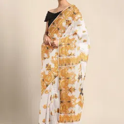Kalakari India Beige & White Cotton Woven Saree With Unstitched Blouse-image-32