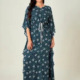 The Kaftan Company Teal Printed Kaftan Night Dress-11