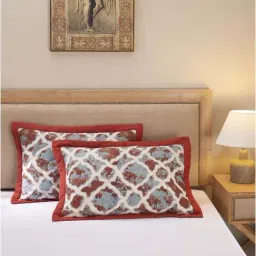 Maspar Hues Nouveau Tradition Form Replay Fiery Red & Beige Cotton 300 TC Pillow Sham - Set of 2-image-30