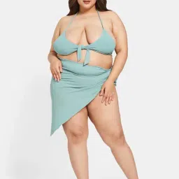 Secrets By ZeroKaata Sage Green Plain Swimwear Bra Panty Set With Sarong-image-31