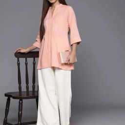 Libas Peach Woven Pattern A Line Short Kurti image 4