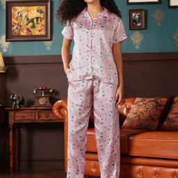 Clovia Pink Satin Regular Fit Floral Print Night Suit-picture-8