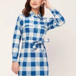 Moomaya Blue & White Cotton Checks A Line Dress-image-37