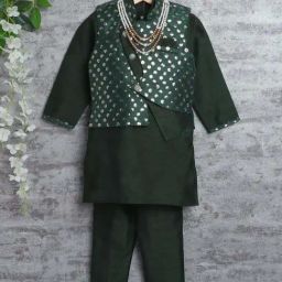 Ahhaaaa Kids Green Embellished Full Sleeves Kurta Set-image-7