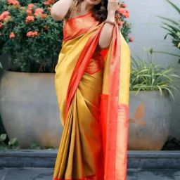 APNISHA Yellow & Coral Silk Woven Saree With Unstitched Blouse-picture-14