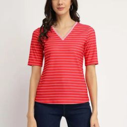 Fablestreet Red Striped V-Neck T-Shirt-image-25