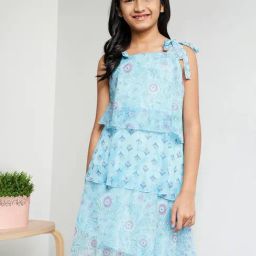 Global Desi Girl Aqua Blue Floral Print Dress-image-5