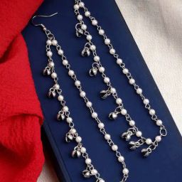 Panash Oxidized Silver Plated Ethnic Pearls Drop Earrings with Ear Chains-image-52