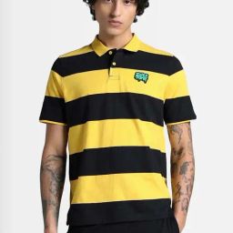 Puma Yellow Cotton Regular Fit Striped Polo T-Shirts-image-21