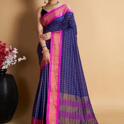 AMRUTKALA SAREES Checked Woven Design Zari Saree with Blouse Piece-image-46