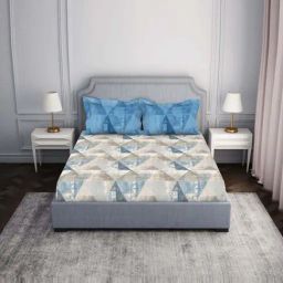 Spaces Atrium Blue 100% Cotton 144 TC Fitted King Bedsheet with 2 Pillow Covers-image-96