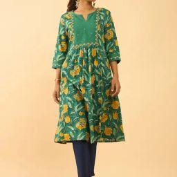 Taneira Green Cotton Regular Fit Floral Kurta-picture-11