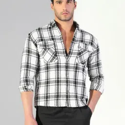 Showoff Off White Cotton Regular Fit Checks Shacket-image-53