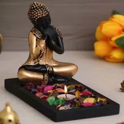 eCraftIndia Black & Golden Polyresin Thinking Buddha Showpiece & Fragnanced Petals and Tealight-image-20