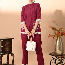 KALINI Women Pure Cotton Floral Embroidered Tunic Top With Trouser Co-ords Set-image-75