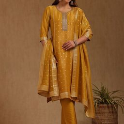 Soch Floral Printed Tissue Zardozi Round Neck Straight Kurta With Trousers And Dupatta-57
