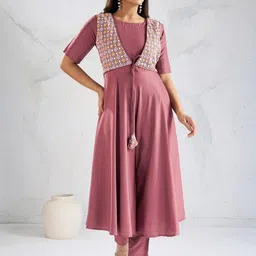 Inddus Ethnic Motifs Embroidered A Line Thread Work Kurta With Trousers-image-50