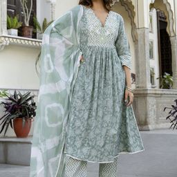 EthniFlair Women Floral Embroidered Cotton Kurta with Pyjama & Dupatta-picture-28