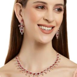 Karatcart Rose Gold Plated Red Cubic Zirconia Studded Necklace Set For Women-picture-0