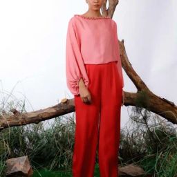 Pink & Red Meraki Color-Block Pearl Beaded Jumpsuit-24