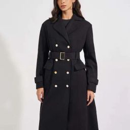 Styli Black Plain Coat With Belt-image-68