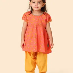 Fabindia Kids Coral & Yellow Floral Print Kurta with Salwar-picture-37