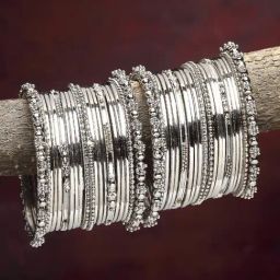 Zeneme Silver Plated Oxidised Textured Bangles for Women Set of 40-16