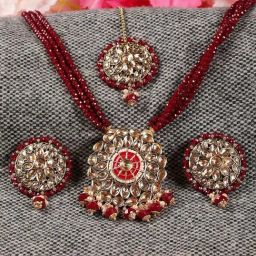 Aatmana Gold-Plated & Kundan Studded Maroon Beaded Multi-Strand Necklace Set-11