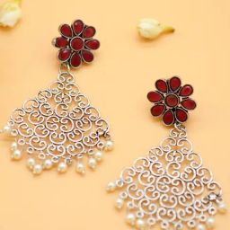 Teejh Ethnic Jali Red Filigree Pearl Dangler Earrings-image-55
