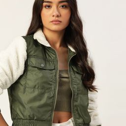 DressBerry Women Olive Green Solid Padded Jacket-image-21