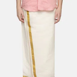 WHITE HEART Men Solid Pure Cotton Solid Dhoti With Gold Zari Border-33
