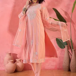 Sangria Floral Embroidered Sequinned Notch Neck Straight Kurta With Trousers & Dupatta-image-98
