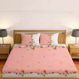 IVAZA Pink Floral 300 TC Queen Bedsheet with 2 Pillow Covers-image-48