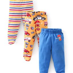 Babyhug Interlock Booties Pant Striped & Car Print Pack of 3 - Yellow & Blue-picture-3