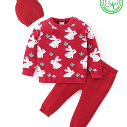 Babyhug Organic Cotton Knit Full Sleeves Baby Sweater Set with Cap & Bunny Design - Red-27