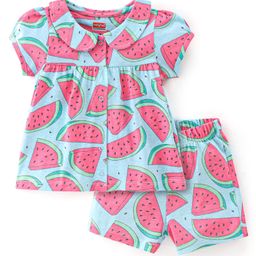 Babyhug Cotton Knit Half Sleeves Night Suit Melon Print - Blue & Pink-image-39