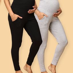 The Mom Store Pack Of 2 Solid Maternity Leggings - Olive & Grey-image-12