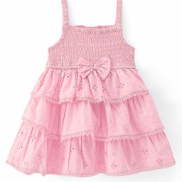 Babyhug Cambric Woven Singlet Sleeves Lace & Bow Detailing Layered Frock - Yellow-image-98