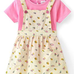Babyhug Cotton Woven Floral Printed Frock with Pocket Detailing & Half Sleeves Solid T-Shirt - Pink & Yellow-image-64