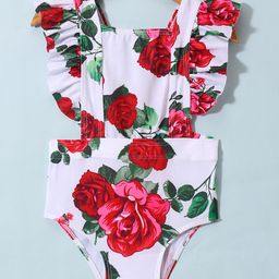 KIDLINGSS Cap Frill Sleeves Rose Printed  V Cut Swimsuit - Red-image-28