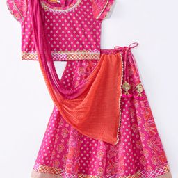 Exclusive from Jaipur Cotton Half Sleeves Choli Lehenga Set with Dupatta Floral Print - Rani & Firozi-image-33