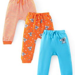 Babyhug Cotton Knit Full Length Diaper Leggings with Stripes & Koala Print Pack of 3 - Blue & Orange-image-94