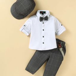 Robo FryCotton Knit Full Sleeves CheckeredShirt & TrouserSet with Cap Bow & Suspender - White-image-104
