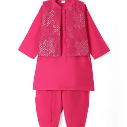 Babyhug Woven Full Sleeves Solid Colour Kurta Dhoti Set with Sequined Embroidered Nehru Jacket - Dark Pink-image-37