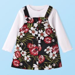 Babyhug Cotton Woven Frock & Full Sleeves Inner Tee With Floral Print - White-image-25