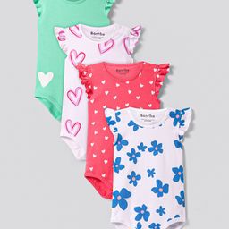 Bonfino Cotton Knit Frill Sleeves Onesies with Floral & Hearts Print Pack of 4 - Pink White & Green-picture-32
