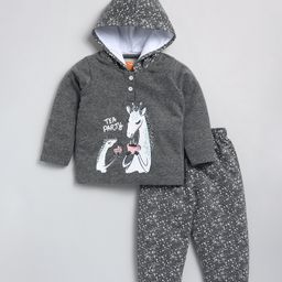 Snuggly MONKEY French Terry Full Sleeves Giraffe Printed Hooded Sweatshirt With Joggers Set - Grey Melange-image-73